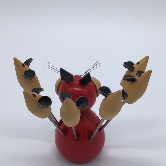 Retro Giftcraft Wooden Whimsical Cat & 6 Mice Forks - Picture 2 of 8